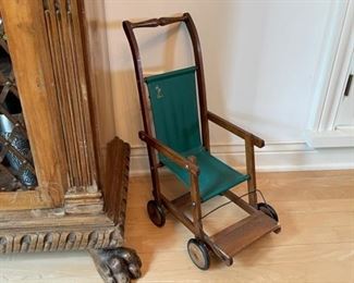 $25.00 ................Vintage Toy Stroller: Belonged to Grazia’s dad when he was a child in the Sicilian town of Messina, Italy, circa 1930. The seat and back are made of what looks like plastic. 
9.5”L x 13”W x 19.5”H