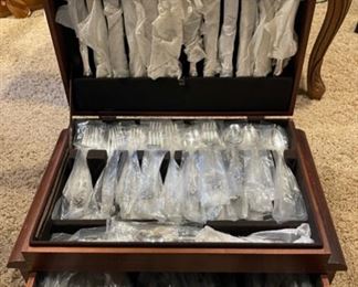 CLEARANCE !  $200.00 NOW, WAS $500.00.....................Large Vintage Unused Heavy Deep Silver Silver Plate Silverware Set with Sterling Silver Details.  Orleans Pattern, Service for 12 plus