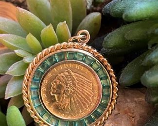 Indian Head $2 1/2 gold coin in gold & emerald bezel
