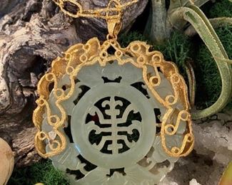 Jade pendant - 18k gold dragon mounting with custom hand hammered gold chain