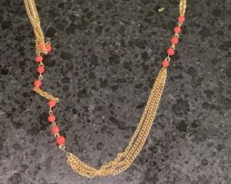 Costume Jewelry with Red Bead and Gold Chain Necklace