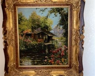 Framed Lake House Painting