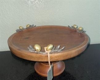 Small Wood Footed Tray with Metal Acorn Design