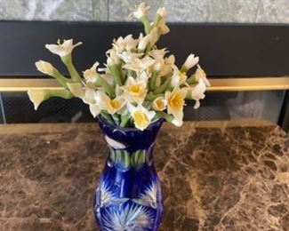 Blue Stained Glass Vase with Artificial Flowers