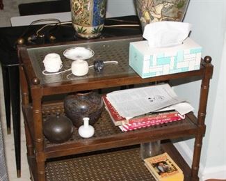Persian Lamps - small $95.00 - Large $150 .                                           1970's Glass Top End table With Caned Shelves - $90.