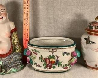 3 pc lot ceramic Asian Chinoiserie decor, pot, statue, ginger jar