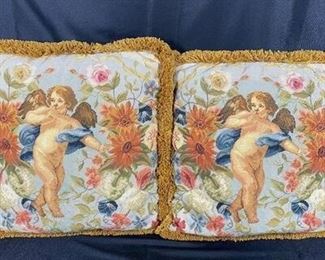 Floral Cherub Needlepoint Throw Pillows