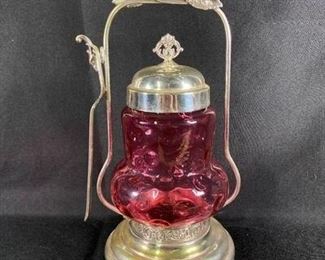 Antique Cranberry Thumbprint Glass Olive Pickle Caster Jar with Caddy Spoon