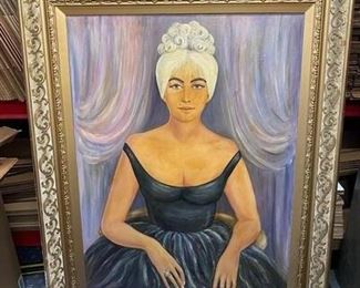 Large Vintage Portrait Painting of Woman in Black Dress