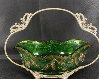 Fluted Pressed Green Glass Serving Bowl with Caddy