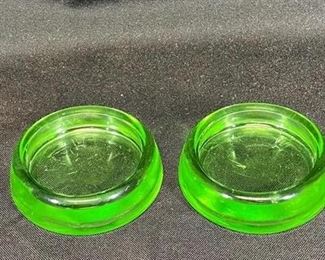 Vintage Pair of Vasoline Uranium Glass Shallow Bowls Trinket Dishes Salt Cellar