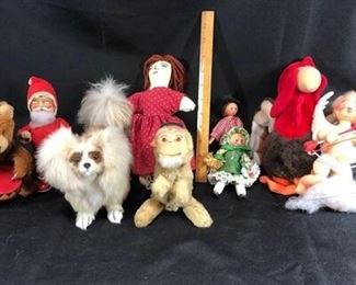 9 pc Vintage toy lot windup, wood dolls, plush, AnnaLee etc