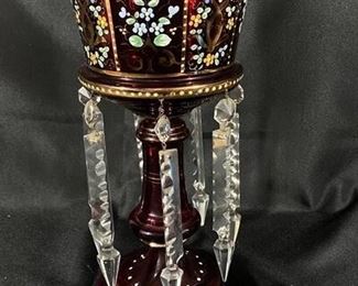 Bohemian Ruby Red Painted Glass Mantle Lustre Candle Holder