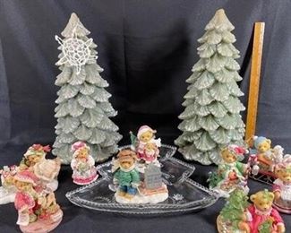Christmas lot of cherished teddies figurines, one cookie plate, two candles