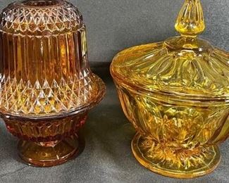 Vintage Amber glass candy dish and fairy lamp