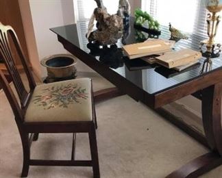 Writing, computer desk with Needlepoint chair, glass top: $275
28”D, 4ft long, 30”H