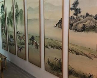 Vintage Japanese hand painted on silk wall scene with horses: :$250
70”H, 20.5”W each panel,