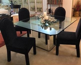 Glass/Mirrored Dining table with 4 navy dot chairs:$250
53.5”sq, 29.5H