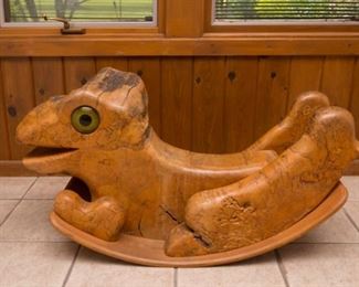Vintage dinosaur child rocker by "Russ Rural Rockers" Sparta TN (carved signature "Russ '95")