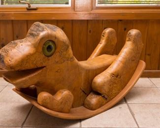Vintage dinosaur child rocker by "Russ Rural Rockers" Sparta TN (carved signature "Russ '95")