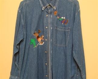 Vintage 'Disney Store' denim button down shirt with Goofy Bucked Off Horse