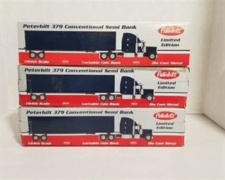3 each 1/64 scale Peterbilt semi Banks / Pepsi semi / S J Trucking semi / unknown markings semi NIB