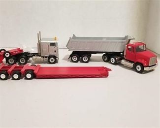 2 semi / Red Talbert lowboy flat bed and Fritght Liner dump truck