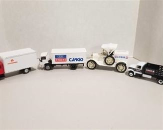 4 each small scale trucks / 1 US Mail bank / Case / Ford / International NIB