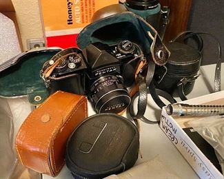 Vintage Pentax camera outfit, including lenses.