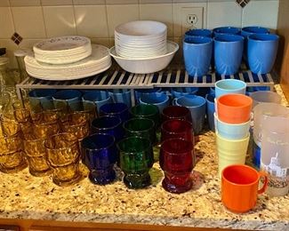 Corelle China, & Corelle Livingware  Coffee mugs. Vintage Colored goblets.