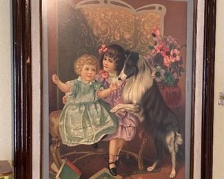 Victorian style Child, doll, and dog print.