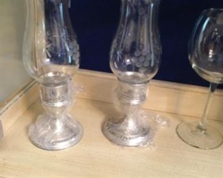 N. S. Sterling weighted candle holders with etched glass chimneys