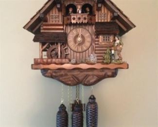 Authentic Black Forest cuckoo clock. Cuckoos on hour and half hour. Plays Edelweiss on the hour. Keeps good time and cuckoos at the correct intervals.