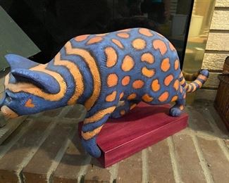 Carved, painted wooden cat by Marc Davey
