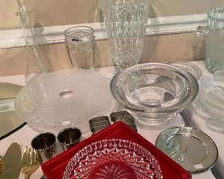 Large Waterford vase back right, 2 Kosta Boda pieces in center, Waterford in red box