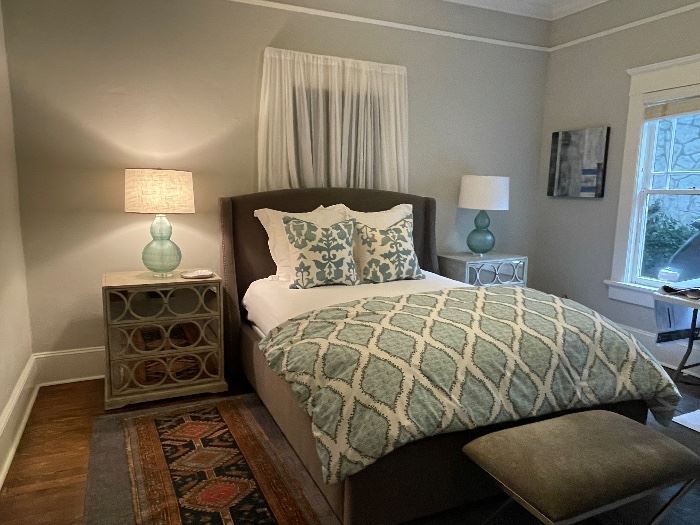 Buy the Entire Guest Room if you choose ! Bernhardt bed and side chests, lamps, John Robshaw duvet ; custom pillows, hide bench : All from Bungalow Classic and in perfect condition .