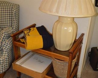 Rolling tv stand,, lamp, wool Navy blanket