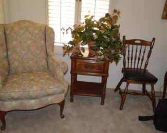 More wing backed chairs, end tables, wood chairs (2)