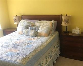 Solid cherry sleigh bed, cherry rails, paneled, lamps