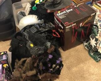 Halloween items, tote of spiders, standing scream mannequin, costumes, decor