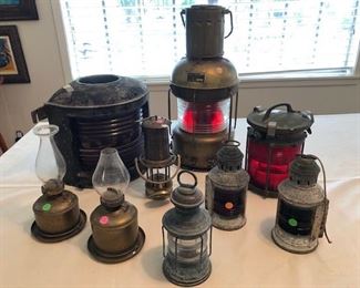Vintage marine lanterns, including Nippon Sento Japan navigation light lantern, and vintage ship port running lights. 