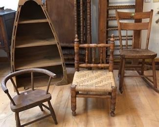 Vintage crib and chairs, boat bookcase, full size headboard and footboard