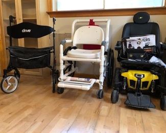 Quantum Edge 2.0 electric wheelchair, shower wheelchair and Drive heavy duty walker Rollator