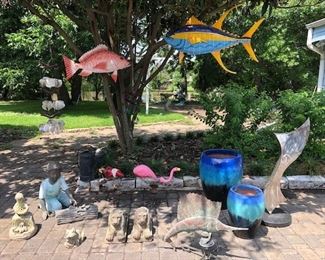 Several yard items: vintage copper weathervane, abstract sculpture, lost wax bronze Boy with Butterfly and Snail sculpture from All Sculptures, Sugarpost Monster yard art, large 2 sided hanging fish (blue and yellow one is 4 ft)