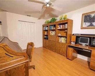 3-piece shelf unit, office desk and roll top desk.