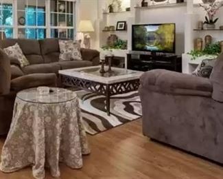 Living room sofa, love seat and chair, accessories and rug are for sale; coffee table and TV are not available.