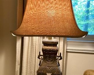 Both brass James Mont style lamps have their original oriental silk shades