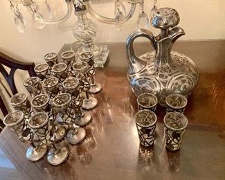 Sterling overlay decanter with shot glasses and cordials