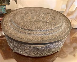 Stunning ornately tooled silver plate cask