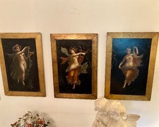 Antique three graces oil on board paintings
